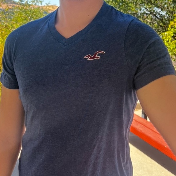 HOLLISTER MEN V NECK T SHIRT NAVY BLUE SEAGULL LOGO EMBROIDERED RED WHITE ACTIVE - Picture 15 of 16